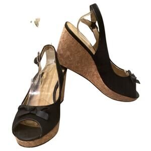 Trotters Womens Wedge Sandals US 8 Slingback Black Tan Cork Heels Beachy Resort